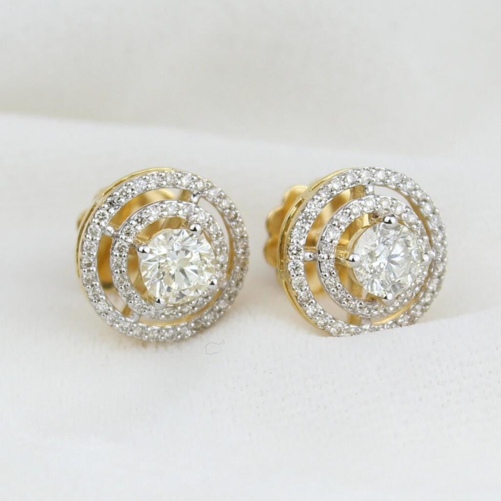 Double Halo Stud Solitaire Earrings, Natural Diamonds, 14k Solid Gold, Geometric Bridal Earrings, Statement Wedding Studs