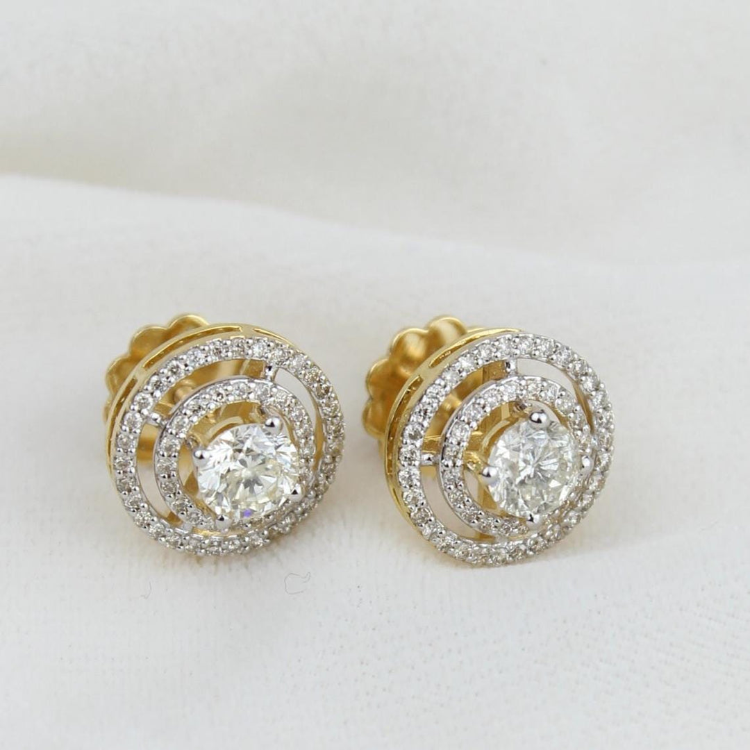 Double Halo Stud Solitaire Earrings, Natural Diamonds, 14k Solid Gold, Geometric Bridal Earrings, Statement Wedding Studs