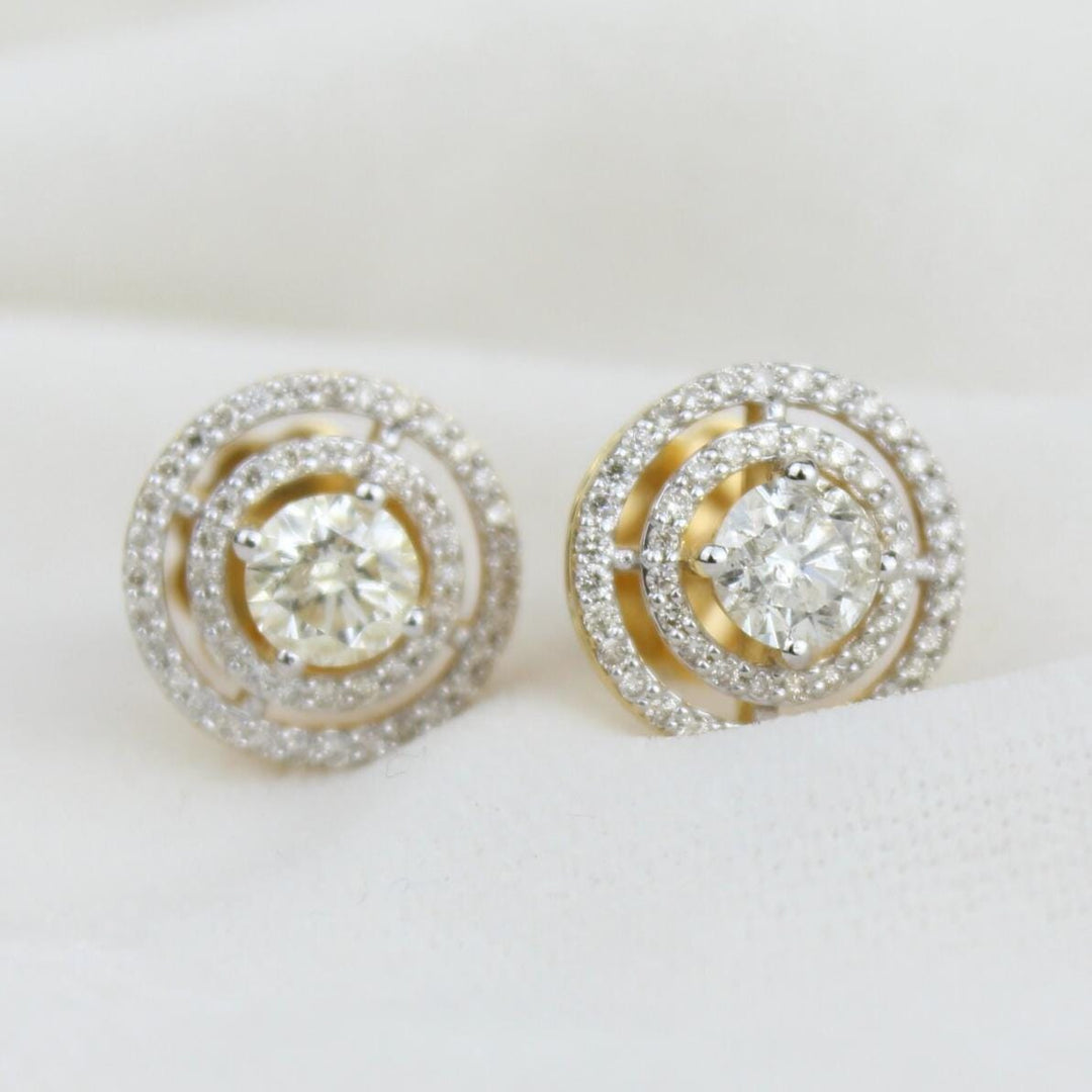 Double Halo Stud Solitaire Earrings, Natural Diamonds, 14k Solid Gold, Geometric Bridal Earrings, Statement Wedding Studs