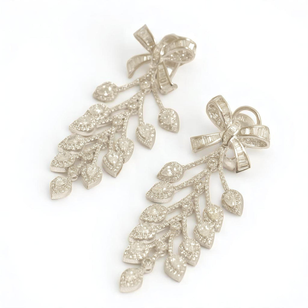 Bow Leaf Diamond Dangle Earrings, 14k Solid Gold, Natural Diamonds, Cocktail Drop Earrings, Bridal Statement Earrings, Baguette Vine Drops