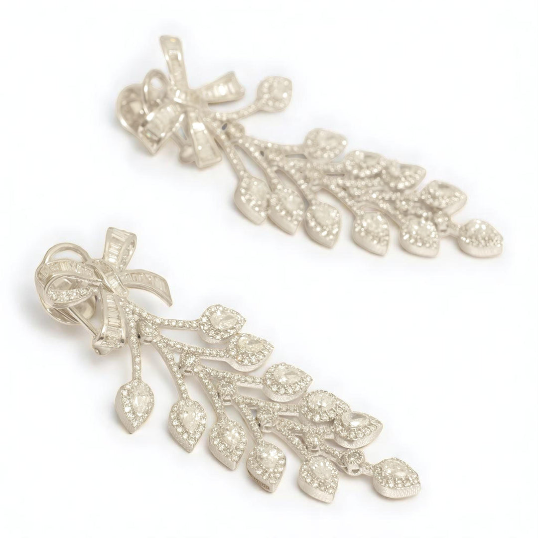 Bow Leaf Diamond Dangle Earrings, 14k Solid Gold, Natural Diamonds, Cocktail Drop Earrings, Bridal Statement Earrings, Baguette Vine Drops