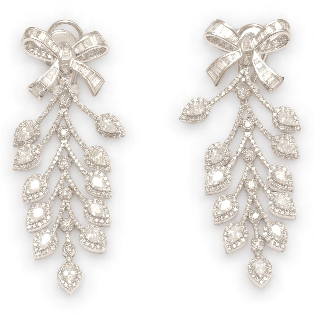 Bow Leaf Diamond Dangle Earrings, 14k Solid Gold, Natural Diamonds, Cocktail Drop Earrings, Bridal Statement Earrings, Baguette Vine Drops