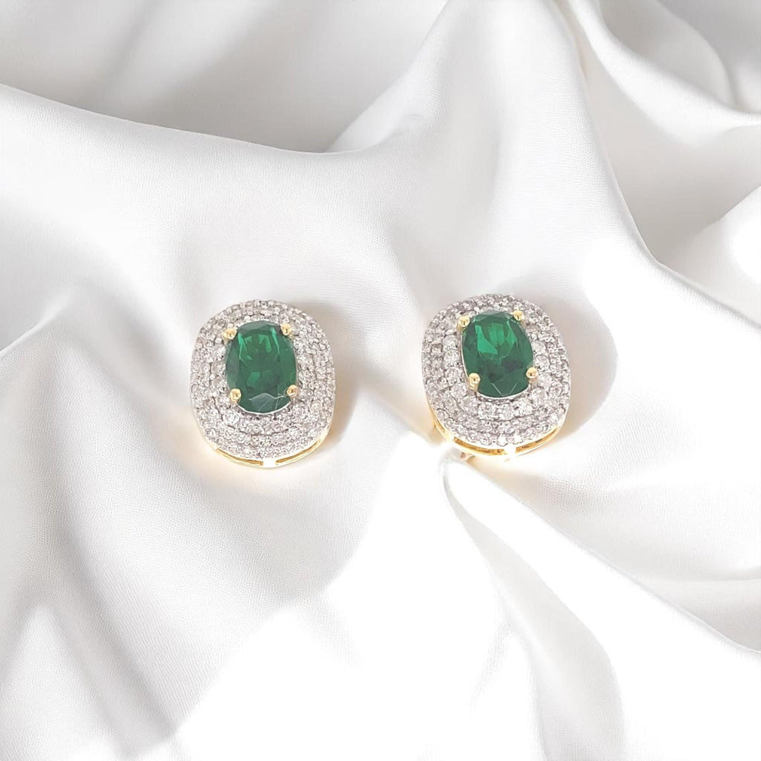 Oval Emerald Halo Diamond Stud Earrings, 14k Solid Gold, Natural Diamonds, Cocktail Statement Jewelry, Bridal Wedding Earrings