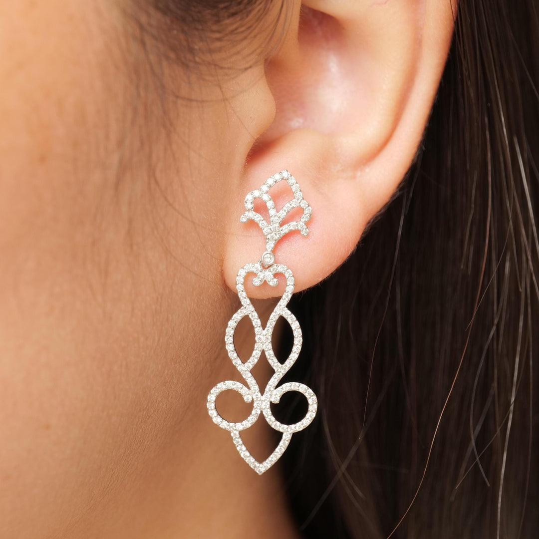 Scrollwork Chandelier Dangle Diamond Earrings, 14k Solid Gold, Natural Diamonds, Filigree Drop Jewelry, Bridal Long Statement Earrings