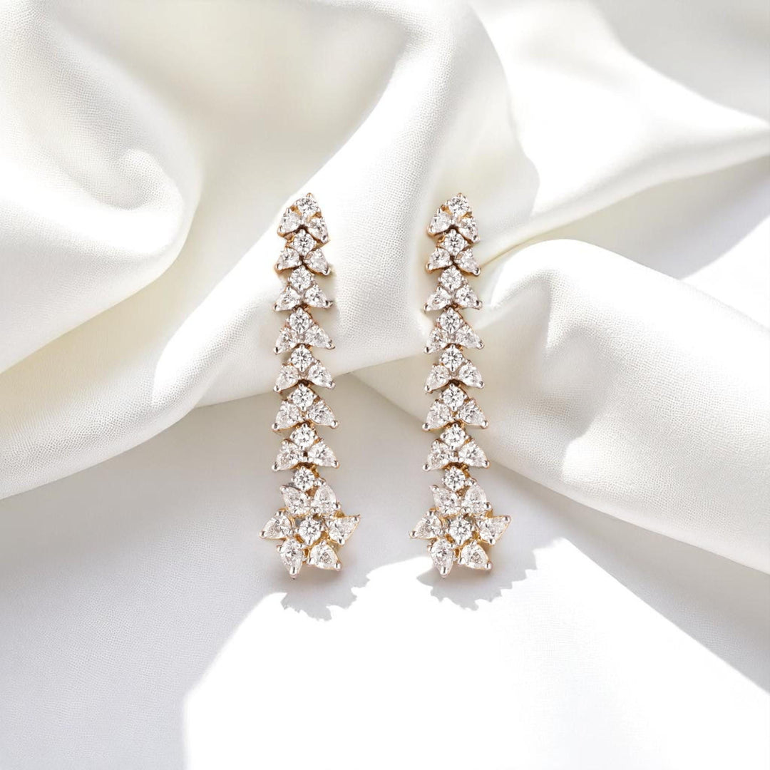 Floral Cluster Diamond Dangle Earrings, 14k Solid Gold, Natural Diamonds, Pear Drop Cocktail Jewelry, Bridal Statement Earrings