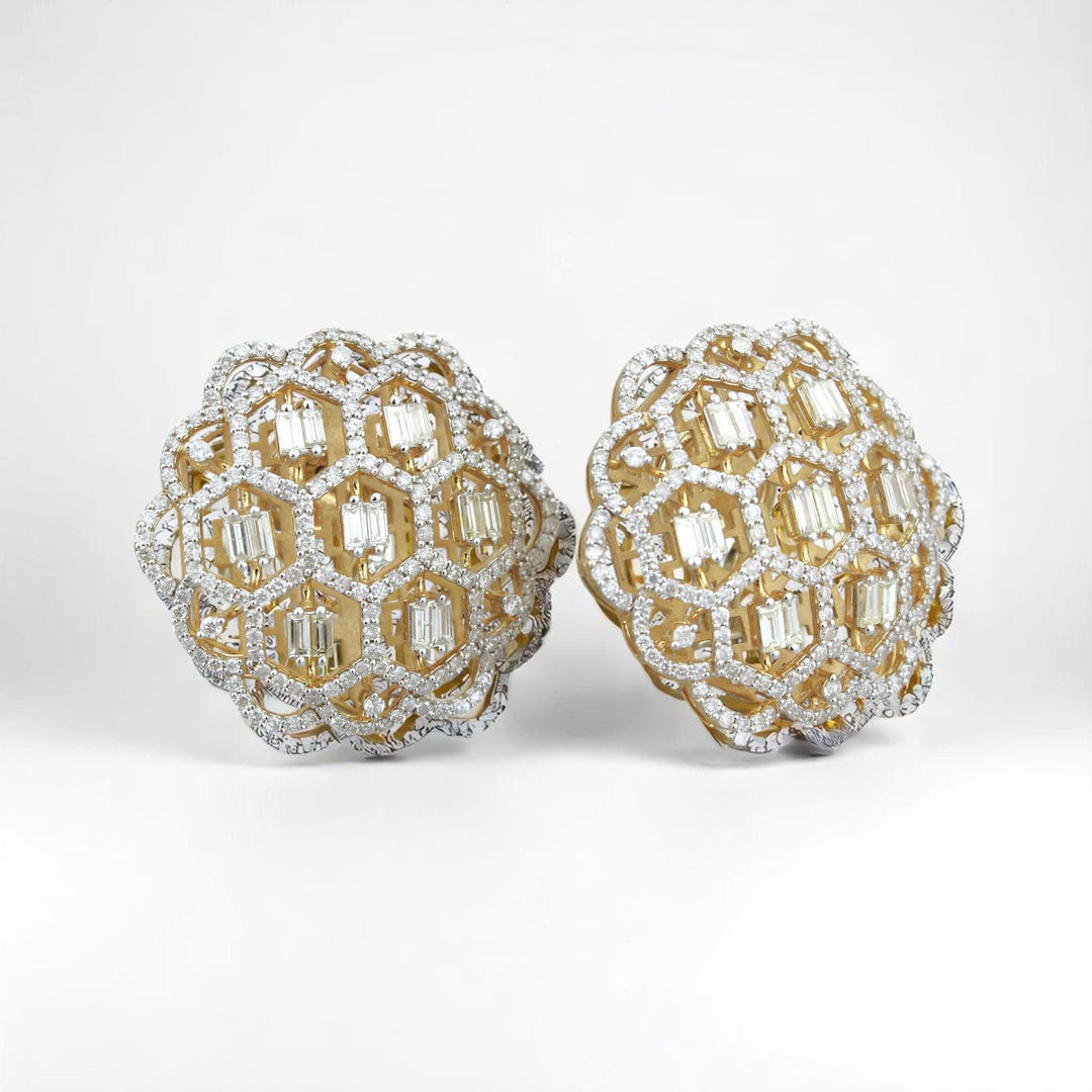 Floral Lattice Diamond Stud Earrings, 14k Solid Gold, Natural Diamonds, Honeycomb Baguette Studs, Statement Cocktail Jewelry