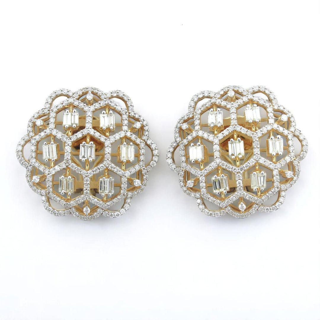 Floral Lattice Diamond Stud Earrings, 14k Solid Gold, Natural Diamonds, Honeycomb Baguette Studs, Statement Cocktail Jewelry