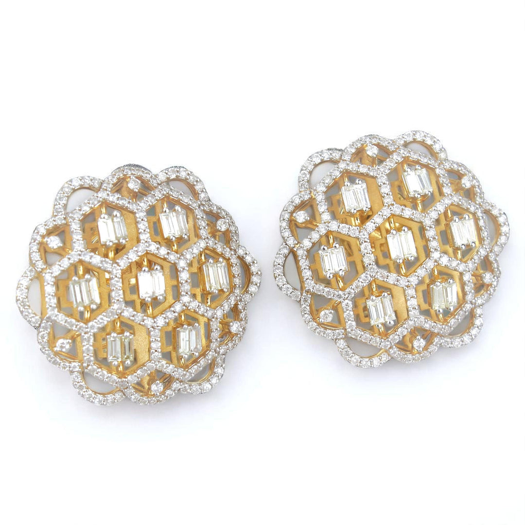 Floral Lattice Diamond Stud Earrings, 14k Solid Gold, Natural Diamonds, Honeycomb Baguette Studs, Statement Cocktail Jewelry