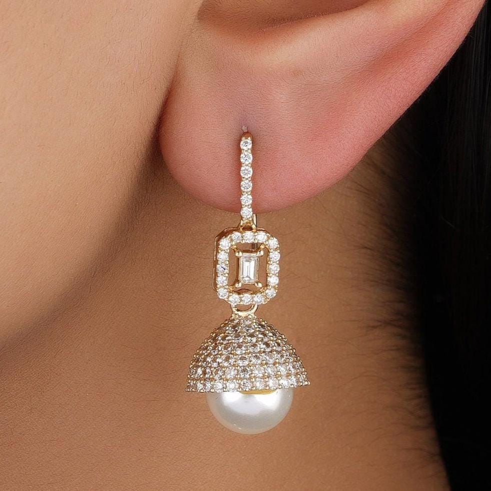 Dome Pearl Drop Diamond Earrings, 14k Solid Gold, Natural Diamonds, Halo Baguette Jewelry, Bridal Statement Dangle Earrings