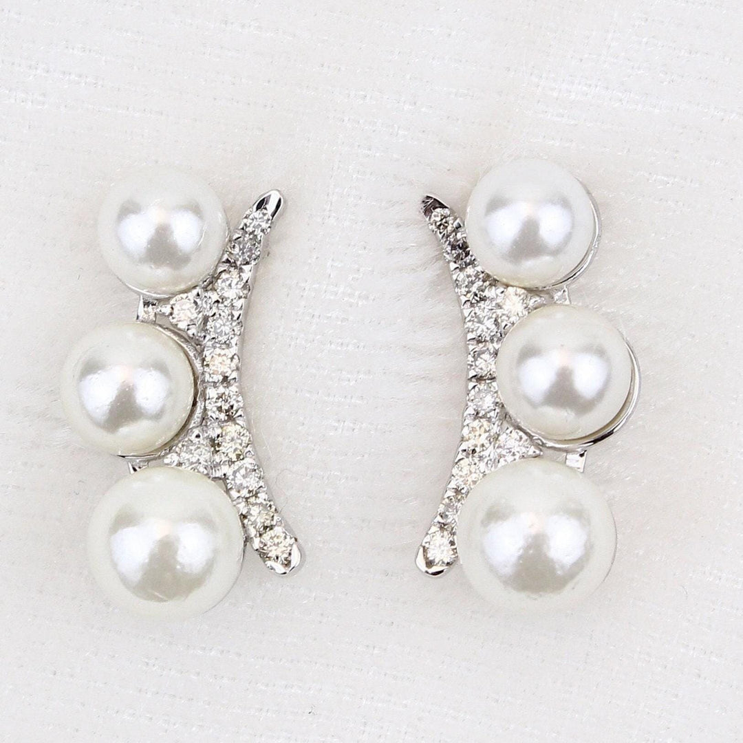 Triple Pearl Climber Diamond Earrings, 14k Solid Gold, Natural Diamonds, Curved Studs, Everyday Minimalistic Earrings
