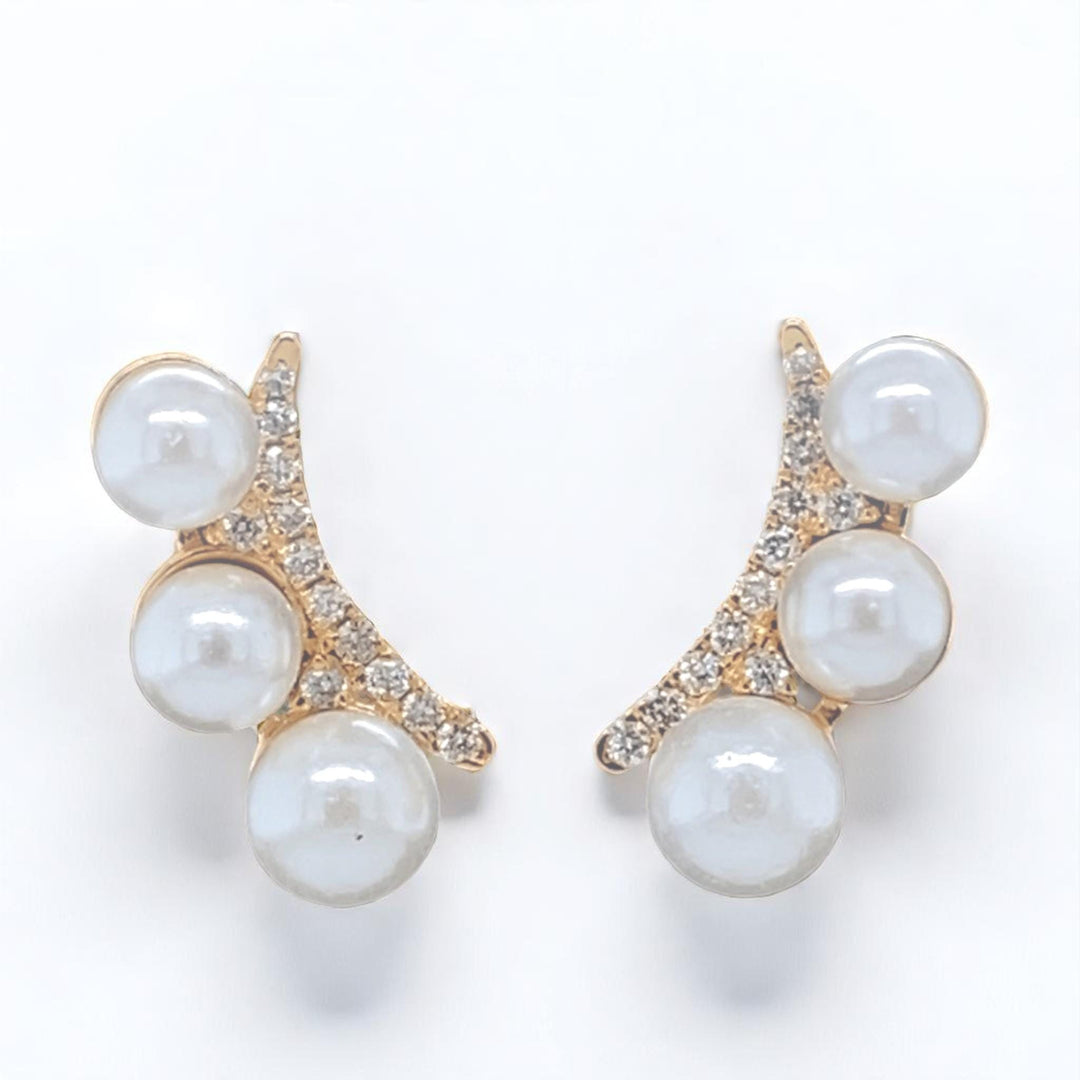 Triple Pearl Climber Diamond Earrings, 14k Solid Gold, Natural Diamonds, Curved Studs, Everyday Minimalistic Earrings