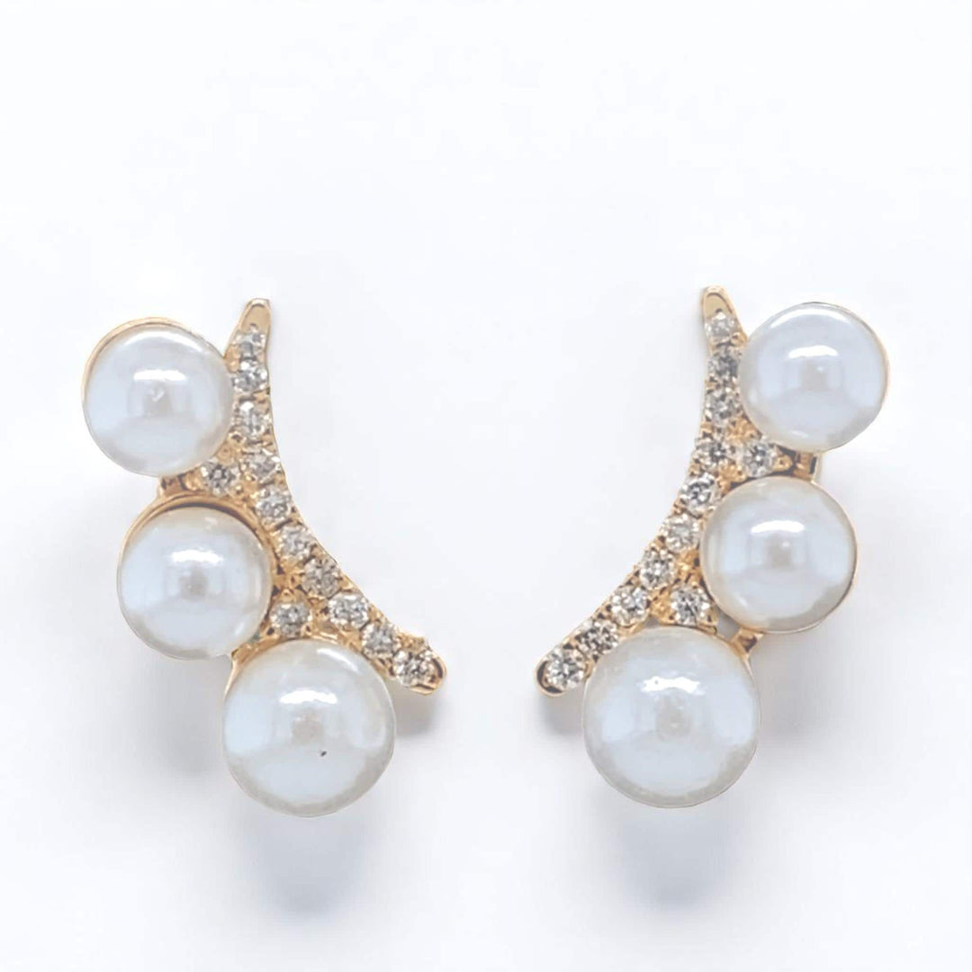 Triple Pearl Climber Diamond Earrings, 14k Solid Gold, Natural Diamonds, Curved Studs, Everyday Minimalistic Earrings