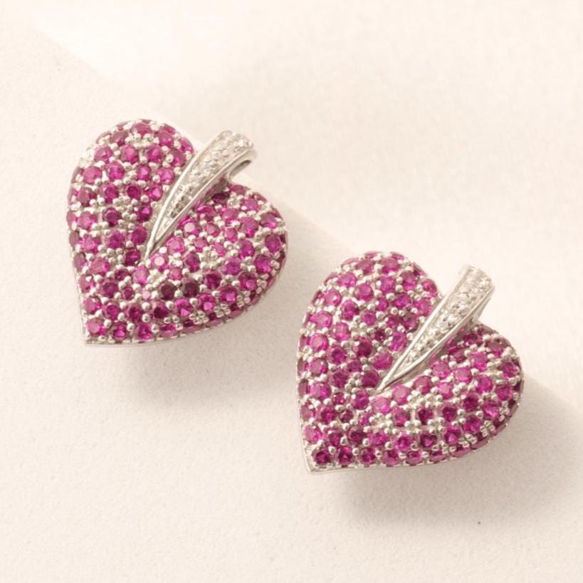 Heart Pink Sapphire Diamond Stud Earrings, 14k Solid Gold, Natural Diamonds, Cluster Pave Gemstone Studs, Statement Cocktail Jewelry