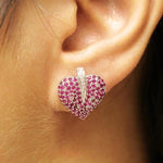 Load image into Gallery viewer, Heart Pink Sapphire Diamond Stud Earrings, 14k Solid Gold, Natural Diamonds, Cluster Pave Gemstone Studs, Statement Cocktail Jewelry
