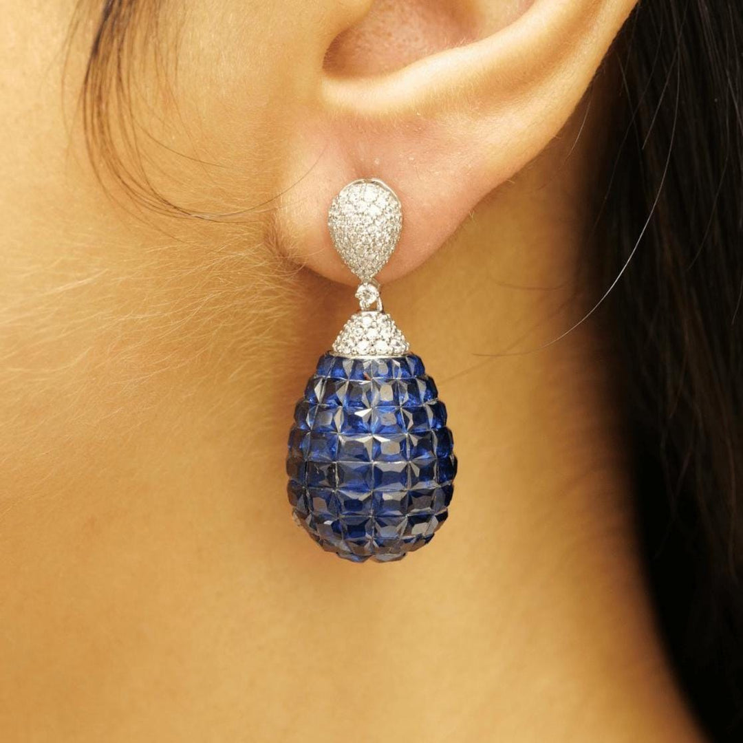 Blue Sapphire Diamond Drop Earrings, 14k Solid Gold, Natural Diamonds, Carved Gemstone Dangle, Statement Cocktail Jewelry, Invisible Setting