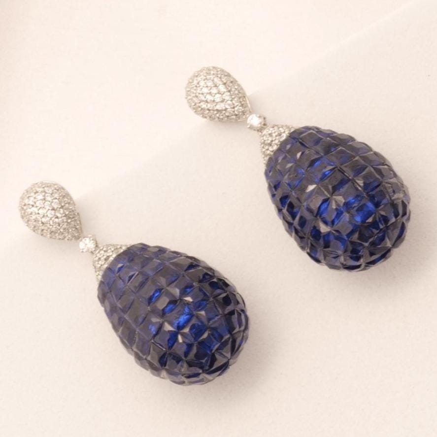 Blue Sapphire Diamond Drop Earrings, 14k Solid Gold, Natural Diamonds, Carved Gemstone Dangle, Statement Cocktail Jewelry, Invisible Setting