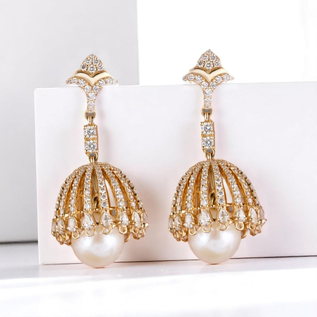 Pearl Drop Diamond Dangle Earrings, 14K Solid Gold, Natural Diamonds, Bridal Jhumka Earrings, Statement Cocktail Earrings