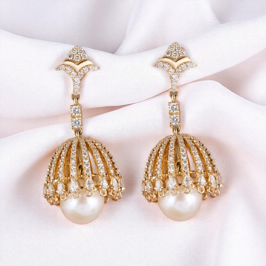Pearl Drop Diamond Dangle Earrings, 14K Solid Gold, Natural Diamonds, Bridal Jhumka Earrings, Statement Cocktail Earrings