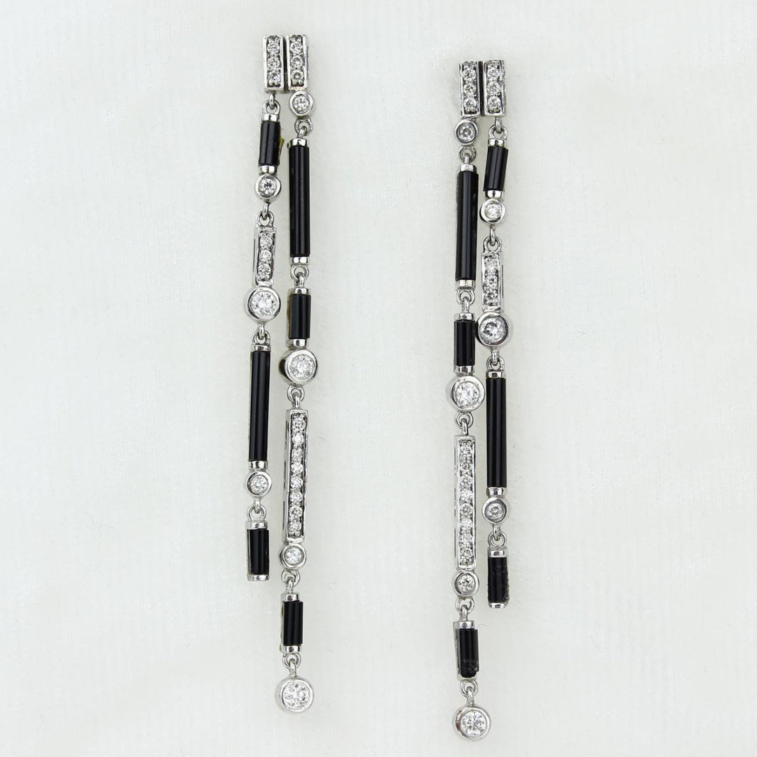 Black Onyx Diamond Dangle Earrings In 14k Solid Gold, Rectangular Bars And Beads With Natural Diamonds, Gift For Her