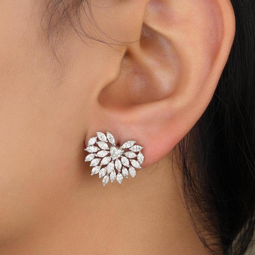 Heart Cluster Stud Earrings, 14k Solid Gold, Natural Diamonds, Angel Marquise Wings Earrings, Bridal Statement Jewelry, Cocktail Studs