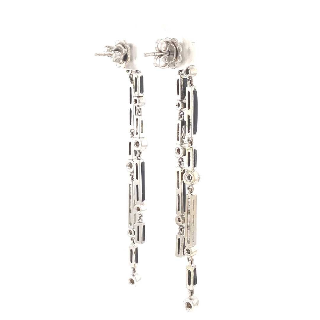 Black Onyx Diamond Dangle Earrings, 14k Solid Gold, Natural Diamonds, Geometric Linear Drop, Cocktail Statement Earrings