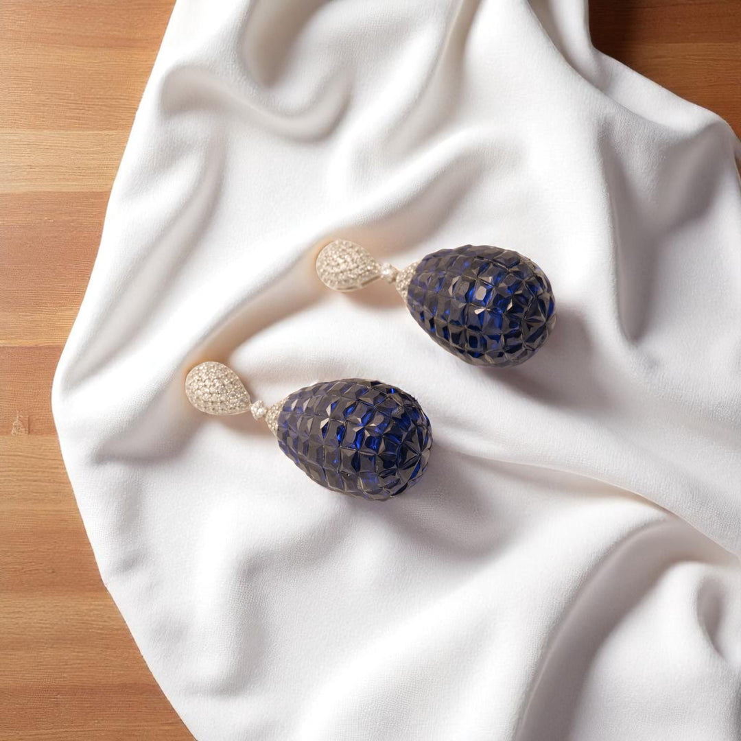 Blue Sapphire Diamond Drop Earrings, 14k Solid Gold, Natural Diamonds, Carved Gemstone Dangle, Statement Cocktail Jewelry, Invisible Setting