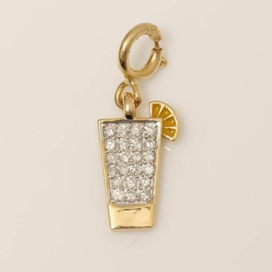 Juice Glass Diamond Charm, 14k Solid Gold, Natural Diamonds, Summer Staking Necklace, Dual Tone Fun Minimalist Pendant, Ready To Ship