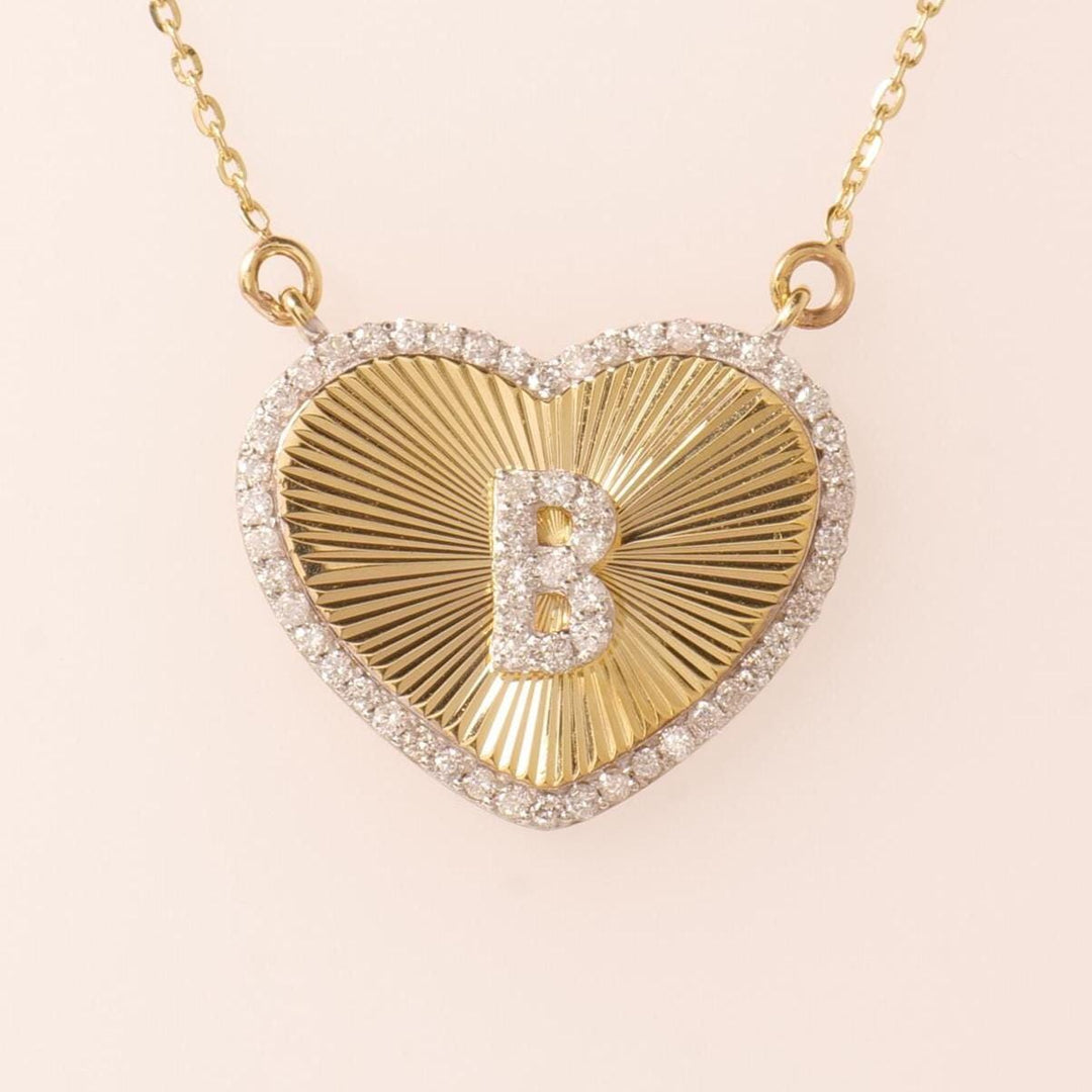 Heart Initial Medallion Diamond Necklace, 14k Solid Gold, Natural Diamonds, Everyday Halo Pendant, Personalised Letter Charm, Ready To Ship