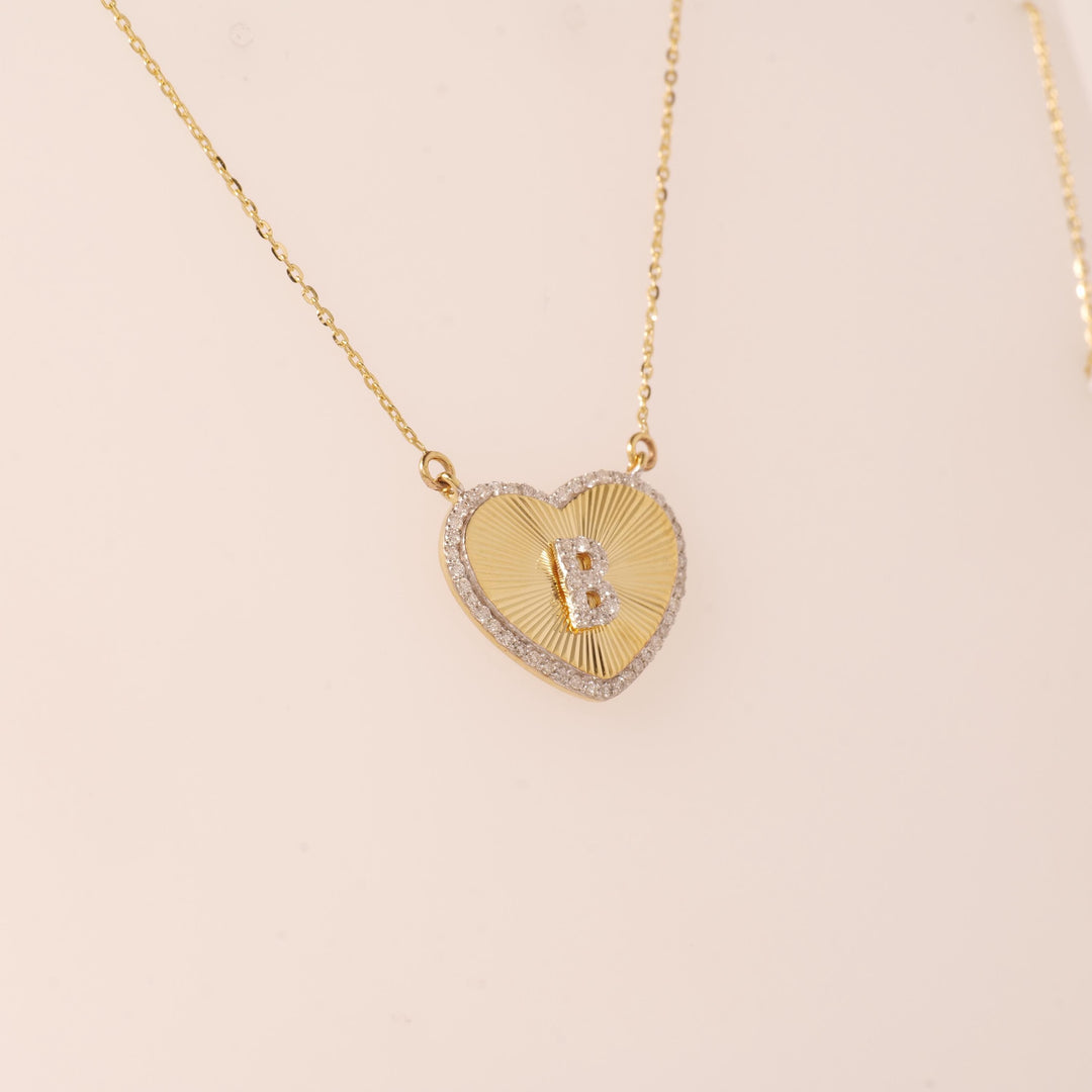 Heart Initial Medallion Diamond Necklace, 14k Solid Gold, Natural Diamonds, Everyday Halo Pendant, Personalised Letter Charm, Ready To Ship