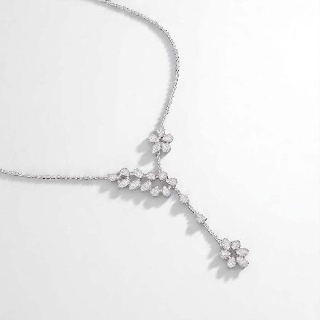 Floral Y-Drop Diamond Necklace, 14k Solid Gold, Natural Diamonds, Asymmetrical Flower Pear Shape Jewelry, Bridal Statement Necklace