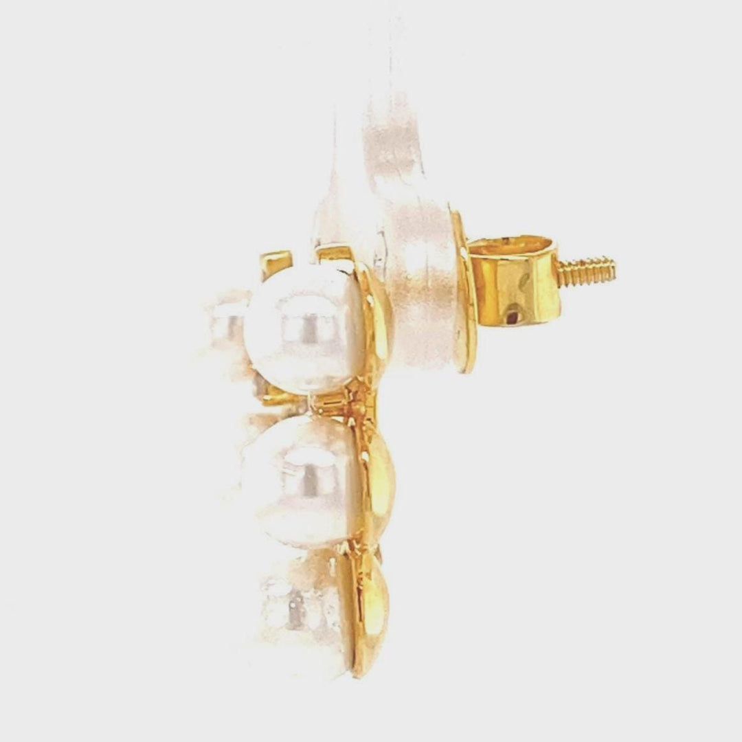 Triple Pearl Climber Diamond Earrings, 14k Solid Gold, Natural Diamonds, Curved Studs, Everyday Minimalistic Earrings