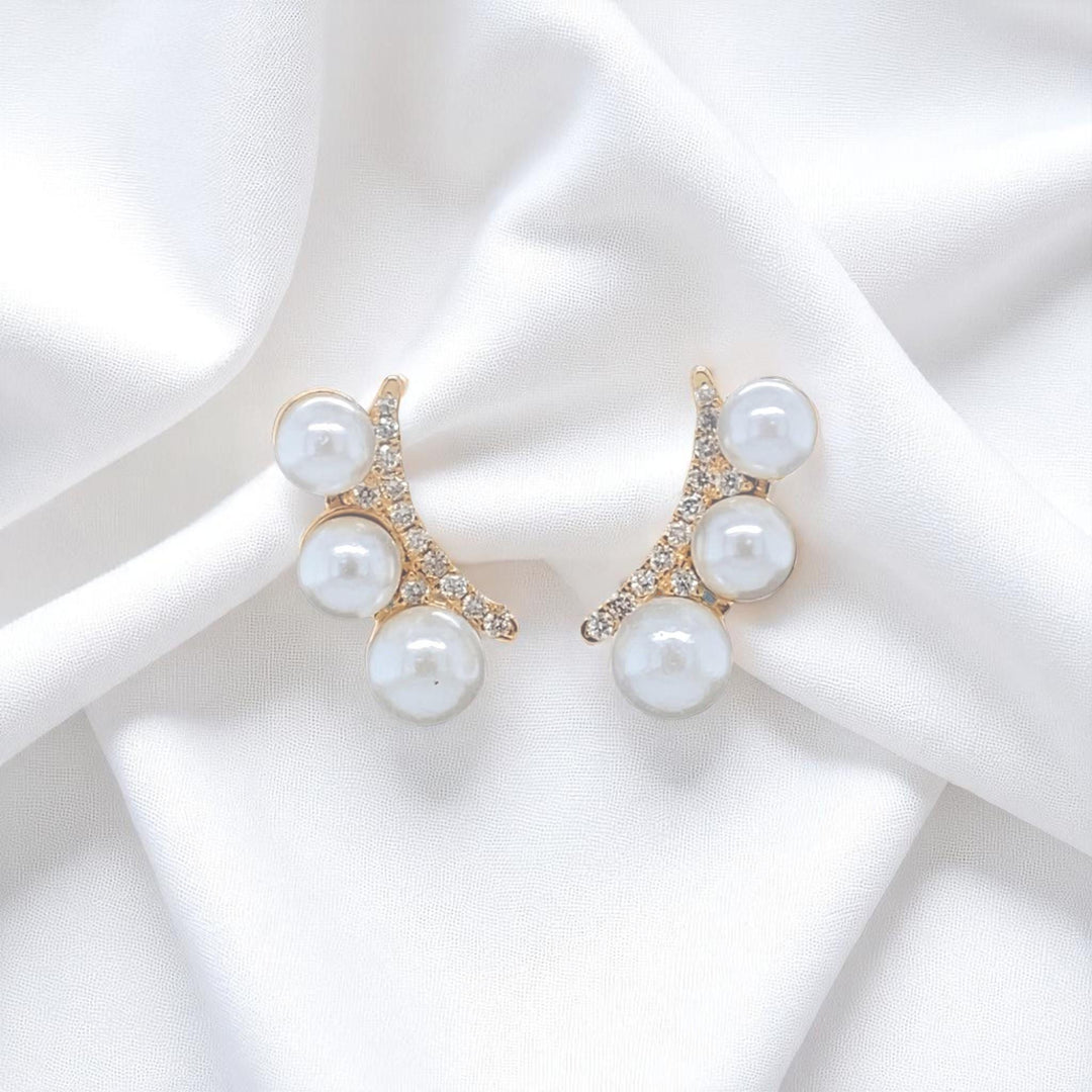 Triple Pearl Climber Diamond Earrings, 14k Solid Gold, Natural Diamonds, Curved Studs, Everyday Minimalistic Earrings
