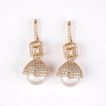 Load image into Gallery viewer, Dome Pearl Drop Diamond Earrings, 14k Solid Gold, Natural Diamonds, Halo Baguette Jewelry, Bridal Statement Dangle Earrings
