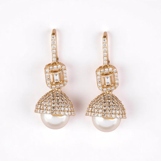 Dome Pearl Drop Diamond Earrings, 14k Solid Gold, Natural Diamonds, Halo Baguette Jewelry, Bridal Statement Dangle Earrings