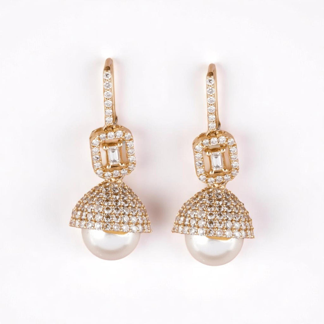 Dome Pearl Drop Diamond Earrings, 14k Solid Gold, Natural Diamonds, Halo Baguette Jewelry, Bridal Statement Dangle Earrings