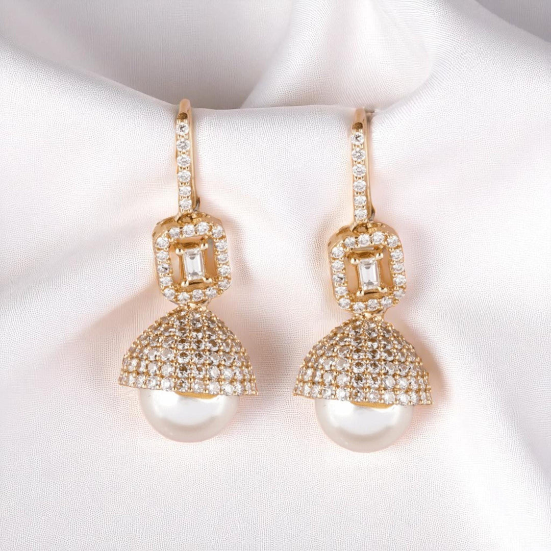 Dome Pearl Drop Diamond Earrings, 14k Solid Gold, Natural Diamonds, Halo Baguette Jewelry, Bridal Statement Dangle Earrings