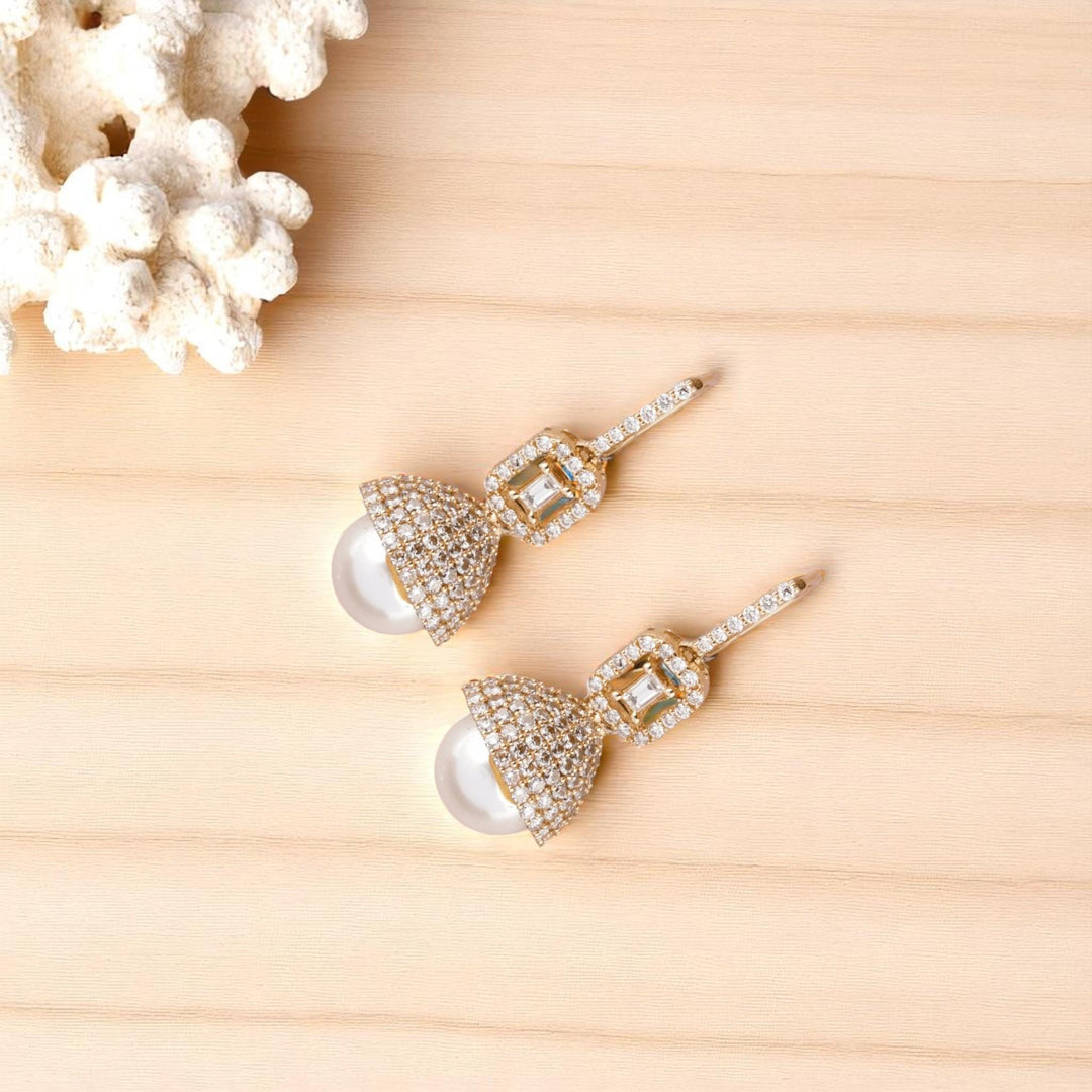 Dome Pearl Drop Diamond Earrings, 14k Solid Gold, Natural Diamonds, Halo Baguette Jewelry, Bridal Statement Dangle Earrings
