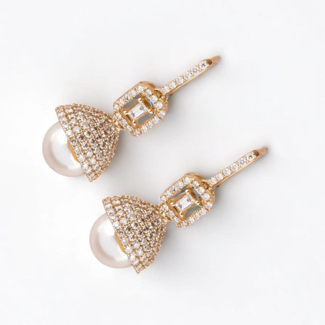 Dome Pearl Drop Diamond Earrings, 14k Solid Gold, Natural Diamonds, Halo Baguette Jewelry, Bridal Statement Dangle Earrings