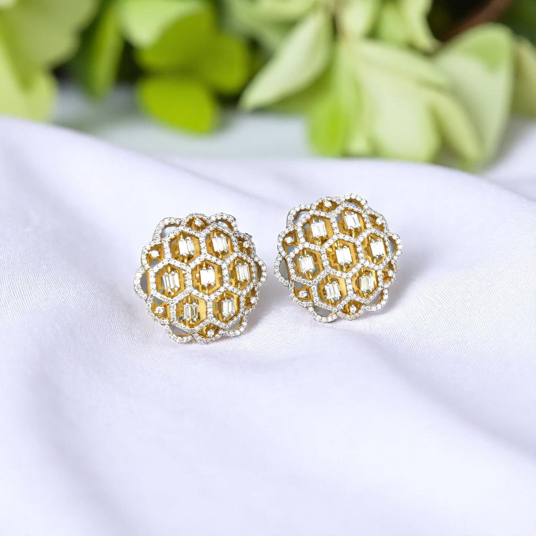Floral Lattice Diamond Stud Earrings, 14k Solid Gold, Natural Diamonds, Honeycomb Baguette Studs, Statement Cocktail Jewelry