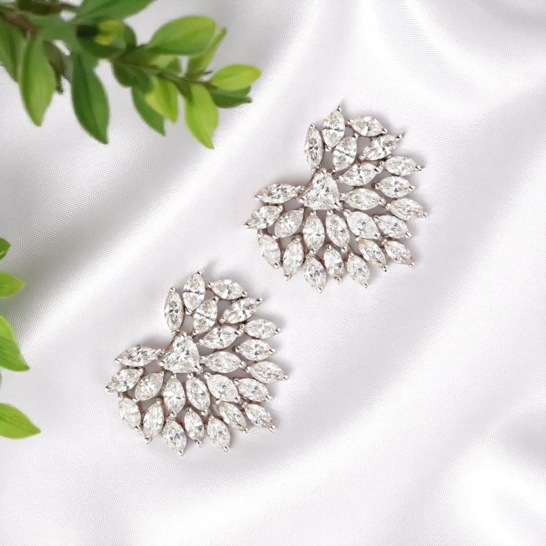 Heart Cluster Stud Earrings, 14k Solid Gold, Natural Diamonds, Angel Marquise Wings Earrings, Bridal Statement Jewelry, Cocktail Studs