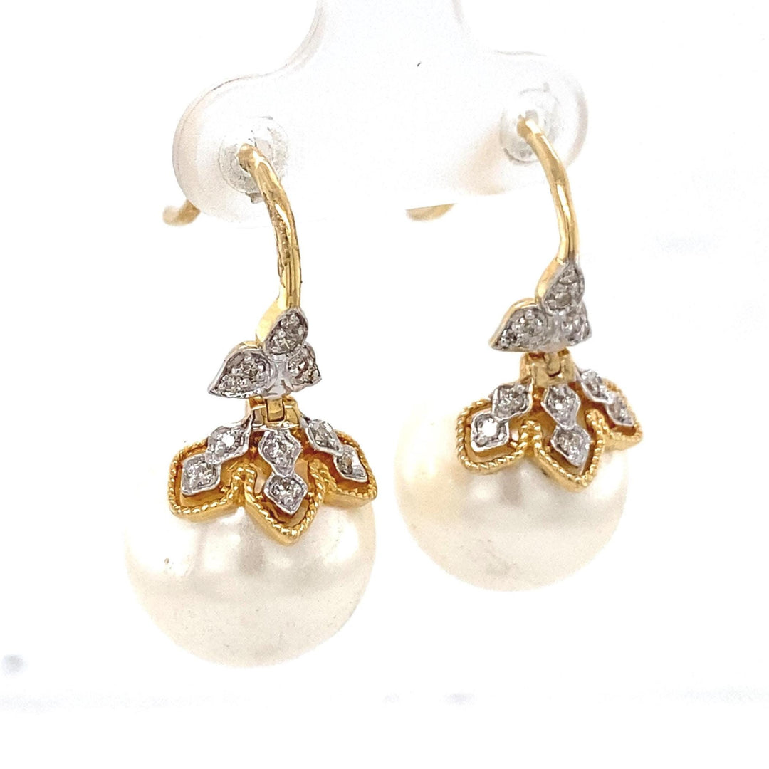 Floral Pearl Drop Diamond Earrings, 14k Solid Gold, Natural Diamonds, Bridal Statement Jewelry, Two Toned Earrings, Minimalistic Earrings