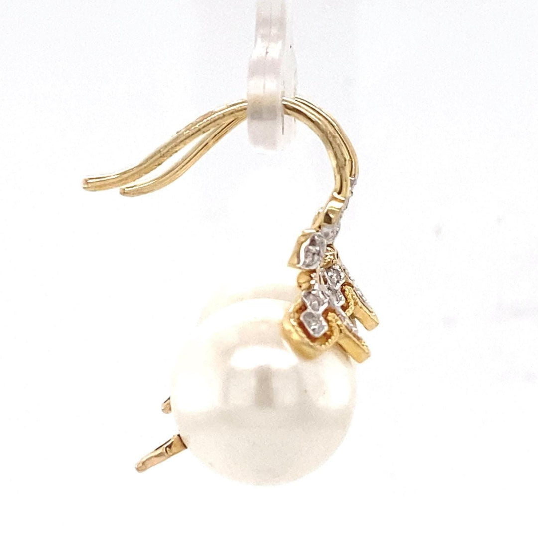 Floral Pearl Drop Diamond Earrings, 14k Solid Gold, Natural Diamonds, Bridal Statement Jewelry, Two Toned Earrings, Minimalistic Earrings