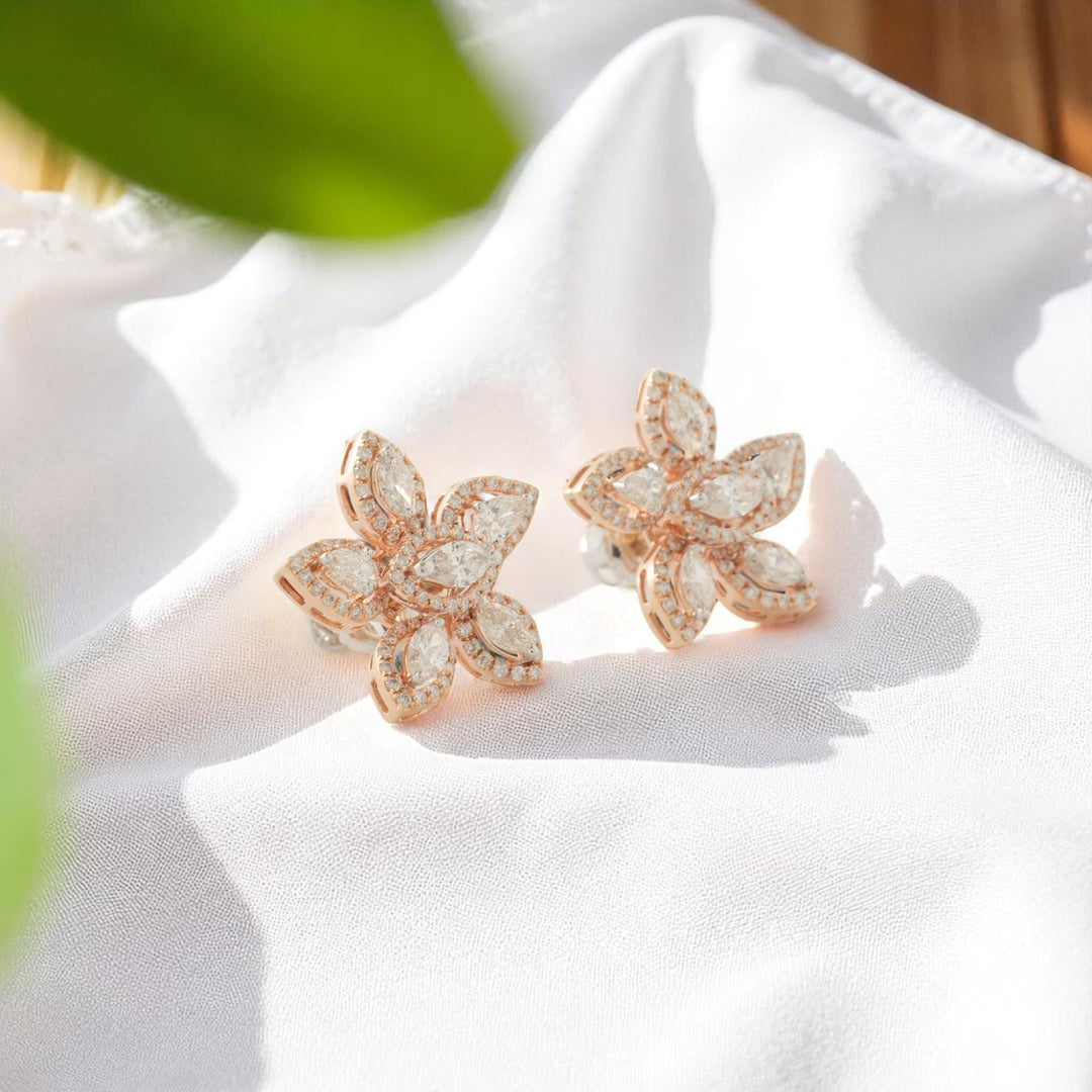 Floral Cluster Diamond Earrings, 14k Solid Gold, Natural Diamond, Marquise Pear Petal Jewelry, Halo Bridal Statement Studs, Cocktail Jewelry