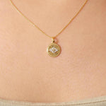 Load image into Gallery viewer, Evil Eye Medallion Diamond Necklace, 14k Solid Gold, Natural Diamonds, Everyday Layering Pendant, Protection Charm Necklace, Ready To Ship
