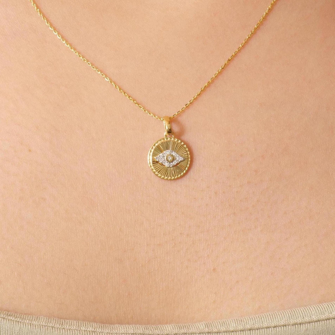 Evil Eye Medallion Diamond Necklace, 14k Solid Gold, Natural Diamonds, Everyday Layering Pendant, Protection Charm Necklace, Ready To Ship