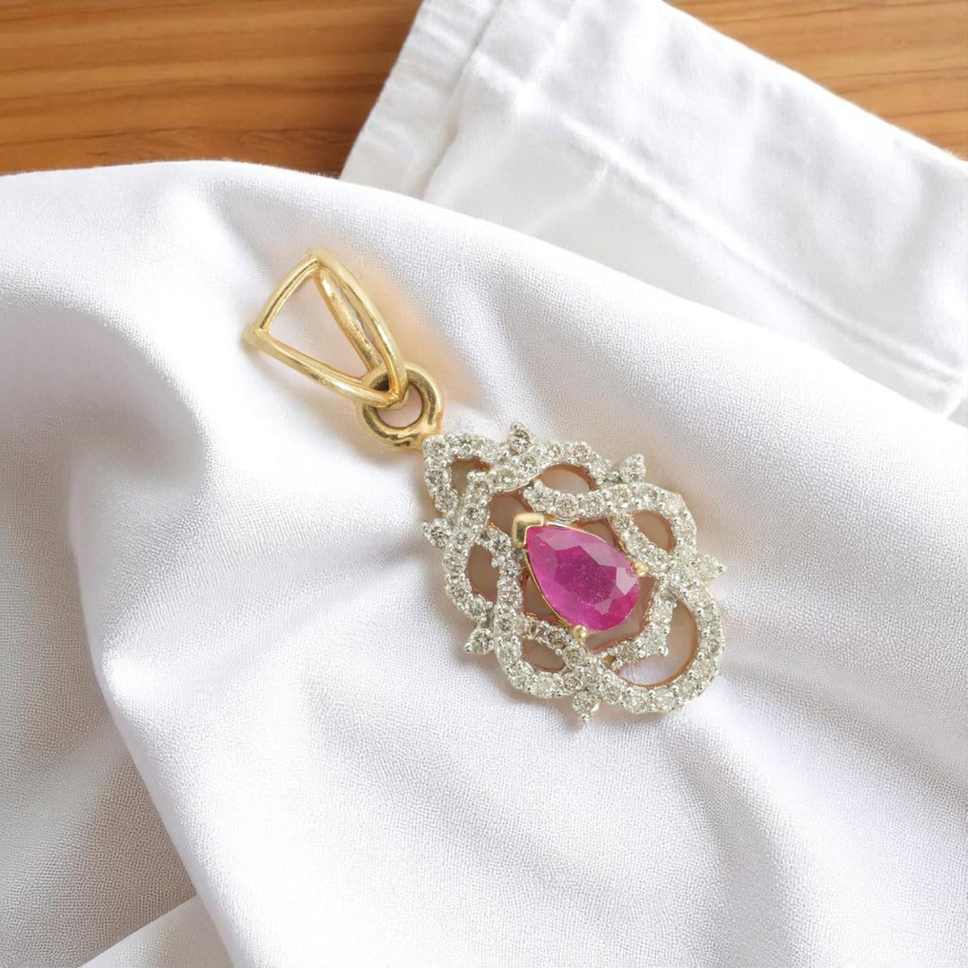 Filigree Ruby Diamond Pendant Necklace, 14k Solid Gold, Natural Diamond, Gemstone Statement Chain Pendant, Pear Vintage Jewelry