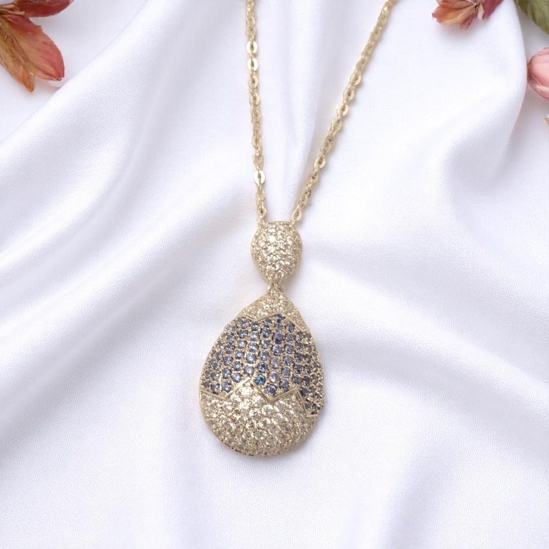 RainDrop Diamond Necklace, 14k Solid Gold, Natural Diamond, Blue Sapphire Gemstone Pendant, Statement Pendant, Cocktail Iced Out Jewelry