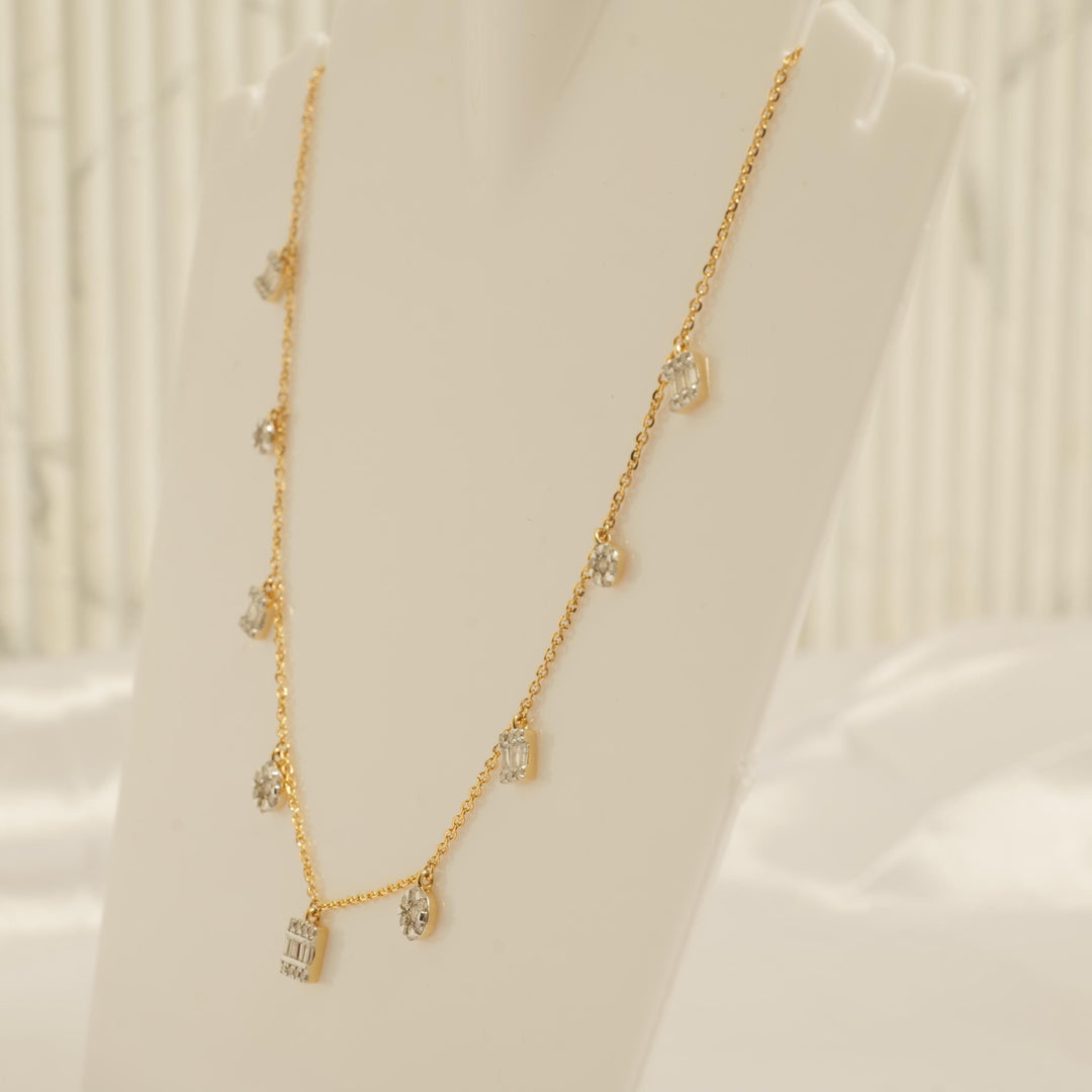 Dangling Diamond Station Necklace, 14k Solid Gold, Natural Diamond, Illusion Set Necklace, Baguette Round Jewelry, Minimalist Layering Chain