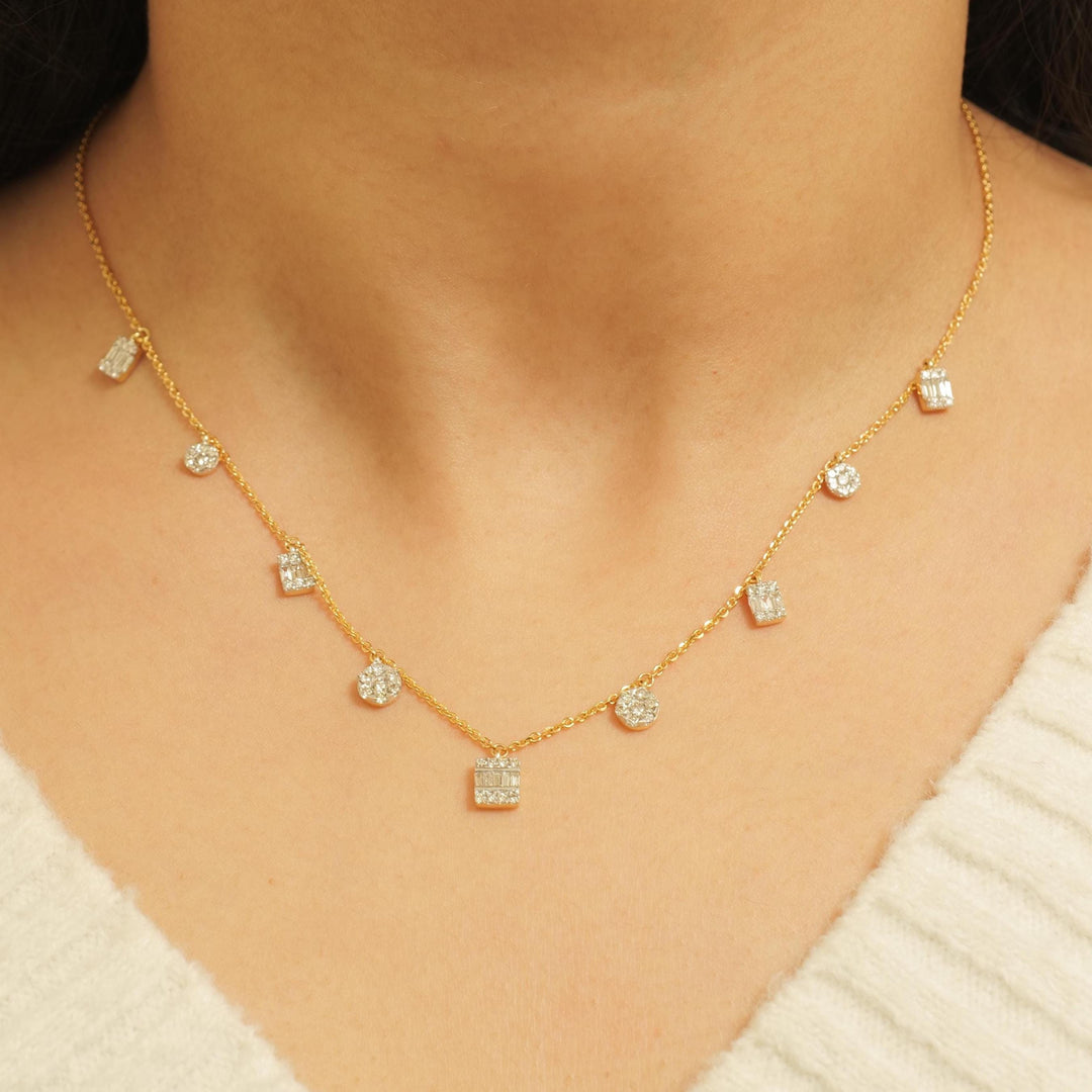 Dangling Diamond Station Necklace, 14k Solid Gold, Natural Diamond, Illusion Set Necklace, Baguette Round Jewelry, Minimalist Layering Chain