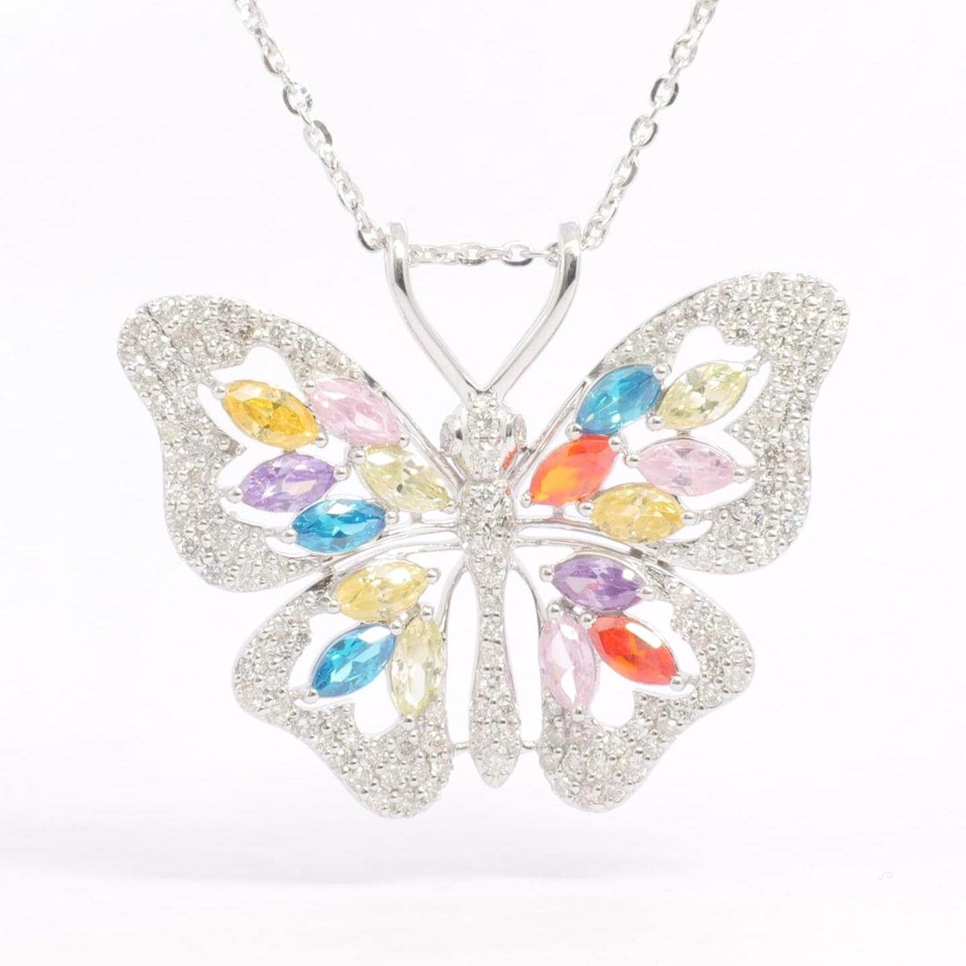 Butterfly Diamond Necklace, 14k Solid Gold, Natural Diamonds, Multicolor Gemstone Stacking Pendant, Statement  Animal Chain Necklace